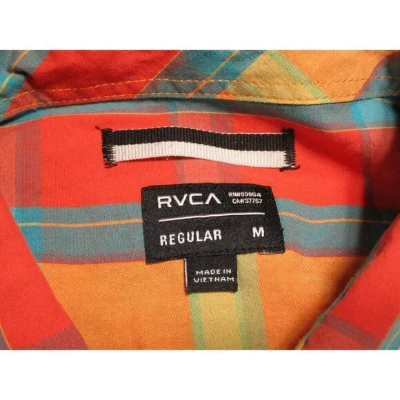 RVCA Men's Size - M Orange Blue Plaid Short Sleeve Button Down - Picture 3 of 5